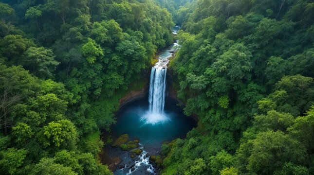 aerial view of a waterfall in forest, waterfall in the jungle, tropical landscape in the jungl