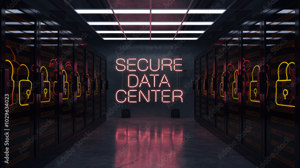 Poster modern secure data center with neon locked imagery and rows of servers.