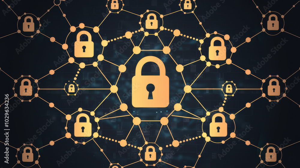 Poster network of golden locks on a dark background representing digital security.