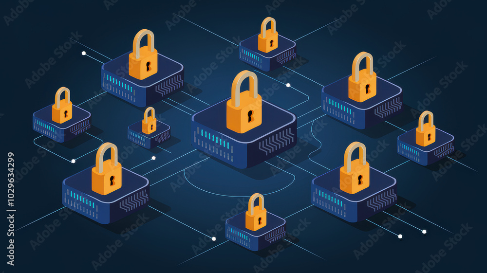 Poster secure cloud servers with digital locks and network connections on a dark background.