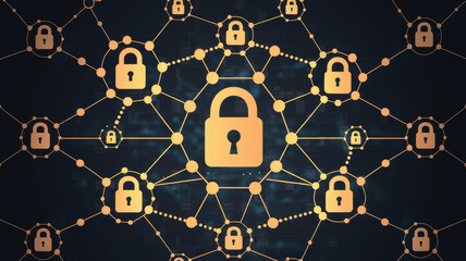 Network of golden locks on a dark background representing digital security.