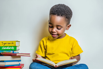 Little boy in a yellow shirt reading a book while smiling
