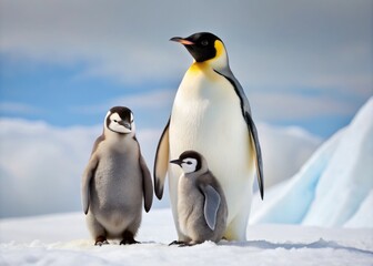 A striking minimalist image of adult emperor penguins with their chicks, set against the breathtaking snowy expanse of Antarctica, highlighting the area's tranquil, untouched beauty.