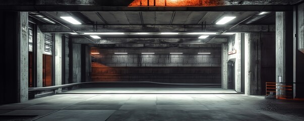 Empty industrial garage with lights