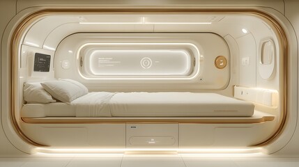 Modern bedroom design with a futuristic aesthetic, floating furniture, and integrated smart technology