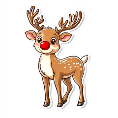 Adorable Red-Nosed Reindeer, Cartoon Style Sticker