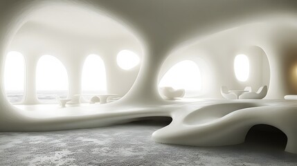 Spacious dining area with sleek furniture, smart lighting, and a futuristic minimalist look