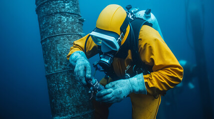 Fototapeta premium A diver in an orange suit explores an underwater structure, showcasing the intricate work of underwater technology and marine exploration in a deep blue ocean environment.