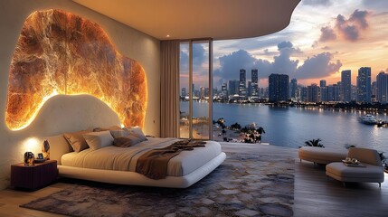 Sleek bedroom design with futuristic elements, integrated smart technology, and ambient lighting