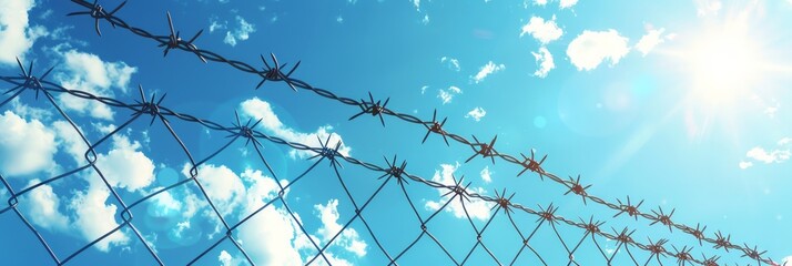 Barbed wire fence with blue sky and clouds in the background.concept of restriction of rights and freedoms