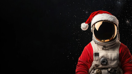 astronaut wearing Santa hat floats in vastness of space, creating whimsical and festive atmosphere. contrast of red hat against dark cosmic background adds playful touch to scene.