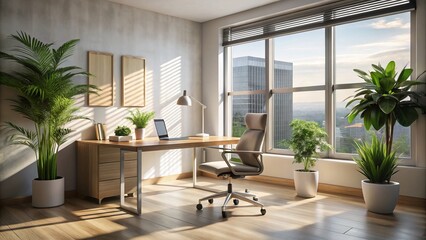 Fototapeta premium A tranquil minimalist office decorated with plants by the window, fostering an aesthetic workspace that inspires calm and productivity, ideal for a focused work environment.