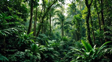 Fototapeta premium tropical forest in the jungle, tropical jungle with tropical green trees, green tropical landscape