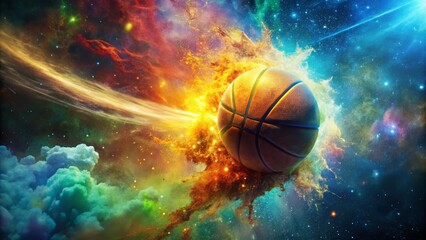A vibrant basketball bursts with color against a cosmic backdrop, creating a stunning visual explosion of energy and creativity, merging sport and cosmic beauty.