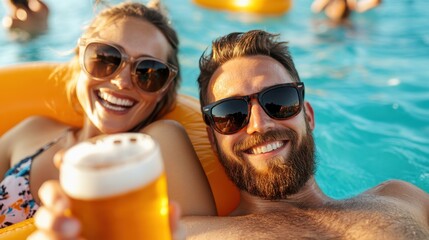 A cheerful pair reclining on an inflatable in a sunlit pool, each holding a beer, enjoying the sunny day with relaxed and happy vibes.