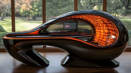 Minimalist dining room with futuristic furniture and smart technology