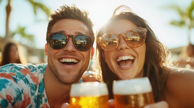 A vibrant couple enjoys their time by the pool, holding beer glasses and smiling enthusiastically, representing youth and summer happiness.