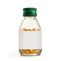 Glass bottle of fish oil supplement capsules with with label isolated on white background.