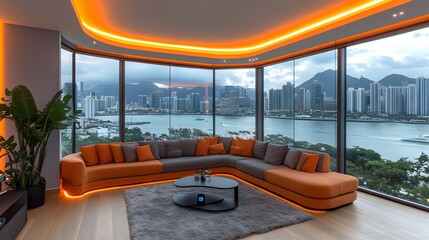 High-tech living room with smart lighting and futuristic modular furniture