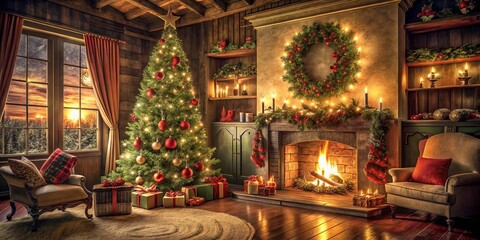 Fototapeta premium A warm fireplace crackles as twinkling lights adorn the Christmas tree, creating a cozy holiday atmosphere perfect for celebrating with loved ones and spreading joy.