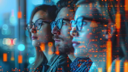 Three individuals with glasses in a futuristic setting, overlaid with digital graphics.