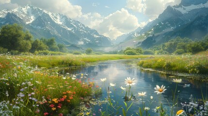 Serene Mountain Meadow with a Stream
