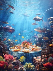 Underwater banquet scene, vibrant schools of fish dining on colorful delicacies, luminous coral serving platters, ethereal and dreamy atmosphere