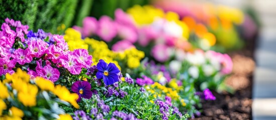 Obraz premium Close-up view of a row of vibrant pink, yellow, and blue flowers in bloom.