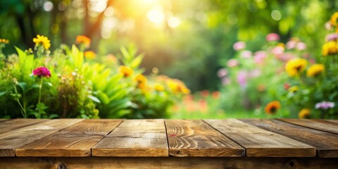 Naklejka premium Bare wooden tabletop in a tranquil garden, perfect for outdoor dining, leisurely moments, and nature photography. Embrace the serenity and beauty of the surroundings.