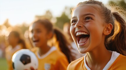 Young girls in bright sports jerseys excitedly hold a soccer ball, embodying the joyous spirit and enthusiasm of youth during an outdoor event.
