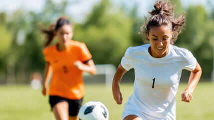 Obraz premium A female soccer player dribbling a ball on a sunny outdoor field, showcasing athleticism, competition, and teamwork in a vibrant and energetic setting.
