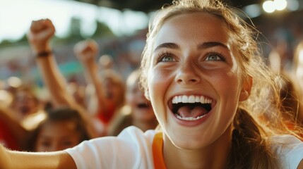 A young woman in a white jersey, beaming with joy, surrounded by fellow enthusiastic fans at an outdoor sports event, captures the essence of community and excitement.