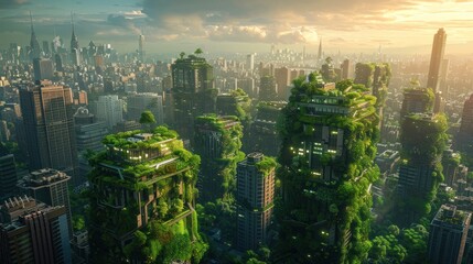 A Futuristic Cityscape with Greenery Overgrown on Buildings
