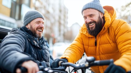 Obraz premium Two cyclists pause their ride to engage in a vibrant chat while standing on a busy street, surrounded by buildings, highlighting camaraderie and urban exploration.