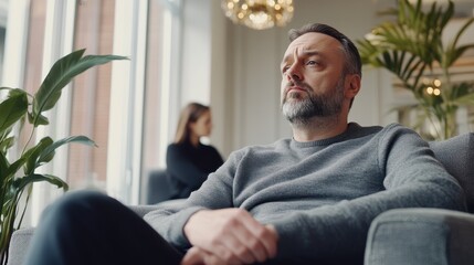 A contemplative man with light beard, lounging comfortably on a gray sofa in a modern room with large windows and natural light, embodying introspection and calmness.