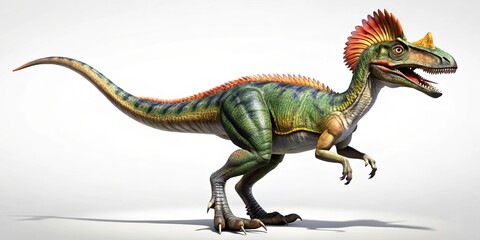 Obraz premium Breathtaking 3D rendering of a Dilophosaurus, an Early Jurassic theropod dinosaur, set against a white background, ideal for product photography showcasing its intricate details.