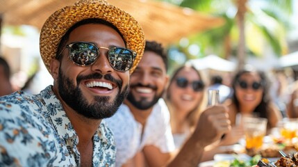 A group of smiling friends captures joyful moments together under a bright sun, evoking happiness and camaraderie during a lively outdoor gathering.