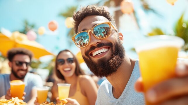 Friends raise glasses in a celebratory toast amid lively outdoor festivities, with vibrant colors and joyful expressions, embodying the spirit of togetherness.