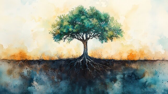 A beautiful watercolor painting of a tree with vibrant green leaves and strong roots against a colorful background.