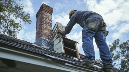 worker applying flashing around chimney on roof, ensuring proper sealing and protection against water damage. scene captures dedication and skill involved in roofing work
