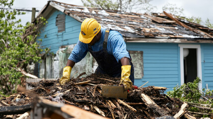 worker is cleaning debris off roof, preparing for repairs after storm. scene reflects determination and resilience in face of disaster recovery