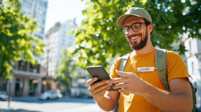 A smiling young man in casual attire using a smartphone against a bustling city backdrop, evoking a sense of connection and modern-day exploration.