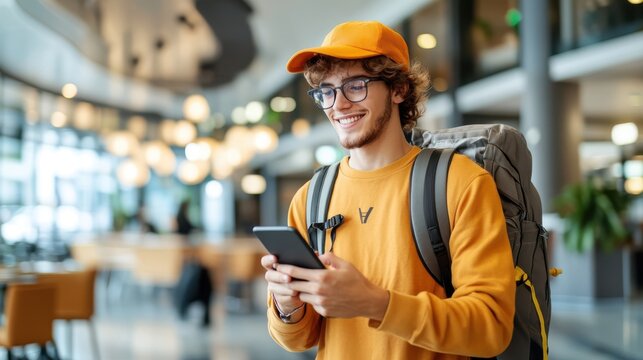 A young man wearing glasses and a backpack, engaging with his smartphone, exudes happiness and connection in a busy, vibrant indoor caf&eacute; setting.