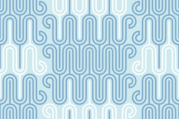 Retro round line geometrics pastel blue Raster pattern. Boho curved lines mosaic in monochrome...