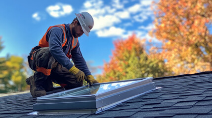 worker installing skylight during roof repairs, showcasing skill and focus. vibrant autumn backdrop adds touch of beauty to hard work involved