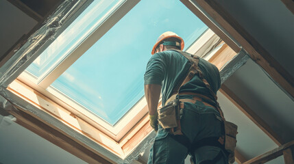 worker installing skylight during roof repairs, showcasing dedication and skill. bright sky above contrasts with wooden structure, highlighting importance of natural light in homes