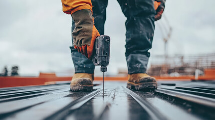 worker using nail gun on roof, showcasing precision and skill involved in construction. focus on tool highlights importance of safety and craftsmanship in building projects