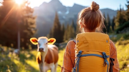 A backpacker enjoys a mountain hike, accompanied by a brown and white cow, with sunlit forest and mountain peaks in the background, reflecting outdoor adventure.