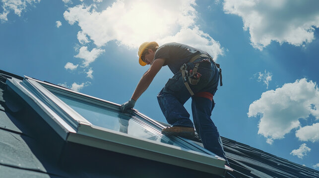 worker installing skylight during roof repairs under bright sky. scene captures dedication and skill involved in roofing work, showcasing importance of natural light in homes