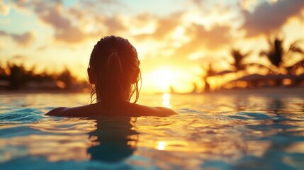 Fototapeta premium An individual swims alone in the vast ocean towards a glowing sunset horizon, expressing feelings of solitude, adventure, and peace amidst nature's grandeur.